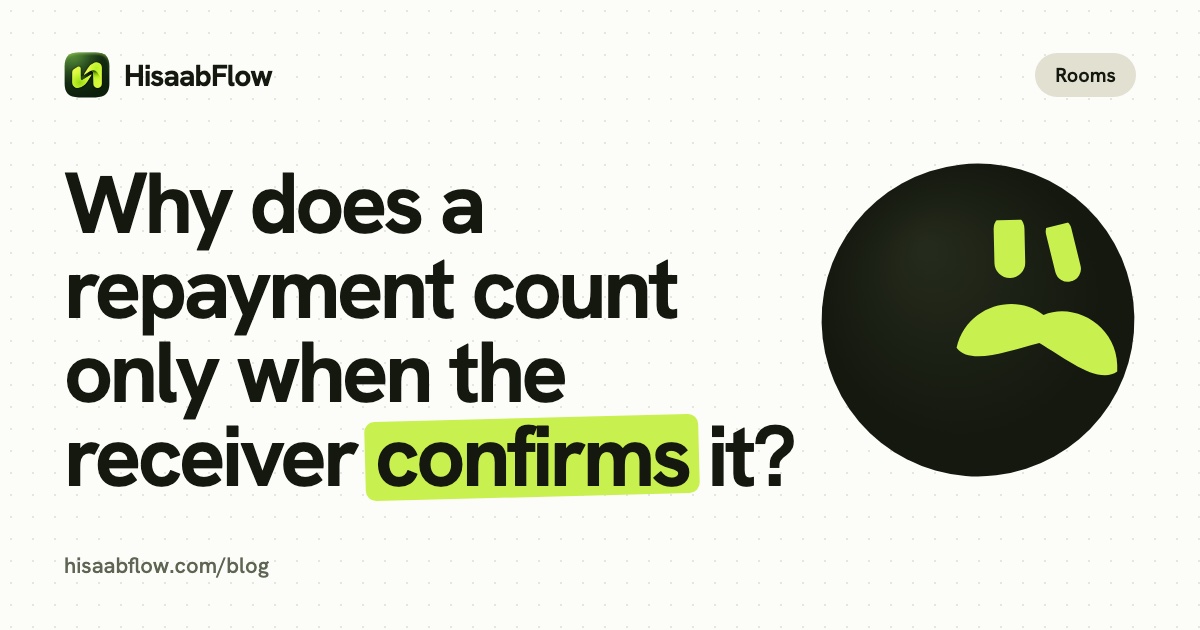A light card with the title "Why does a repayment count only when the receiver confirms it?", the word "confirms" highlighted, and the Guru working it out.