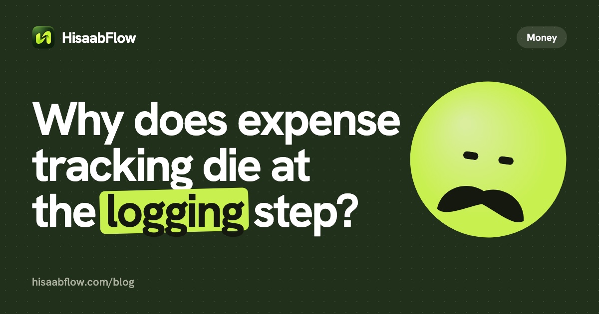 A deep green card with the title "Why does expense tracking die at the logging step?", the word "logging" highlighted, and the Guru asleep.
