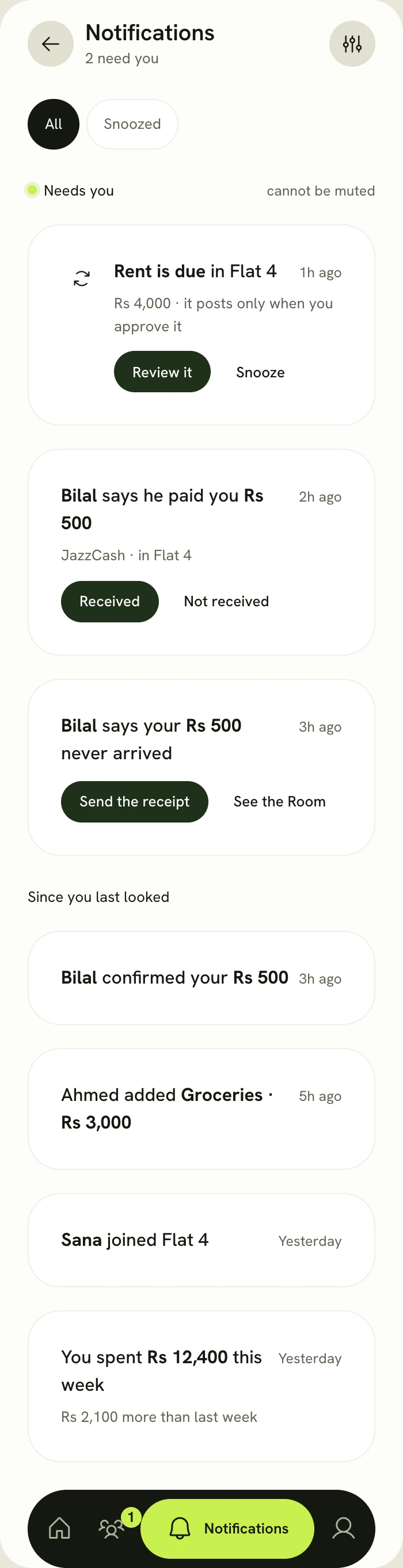 A notification that needs you: rent is due in Flat 4, Rs 4,000, and it posts only when you approve it. Two buttons: Review it, and Snooze.