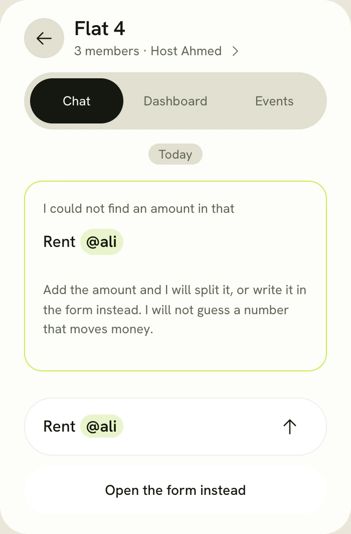 A message with no amount: the Room says it could not find an amount and will not guess a number that moves money.