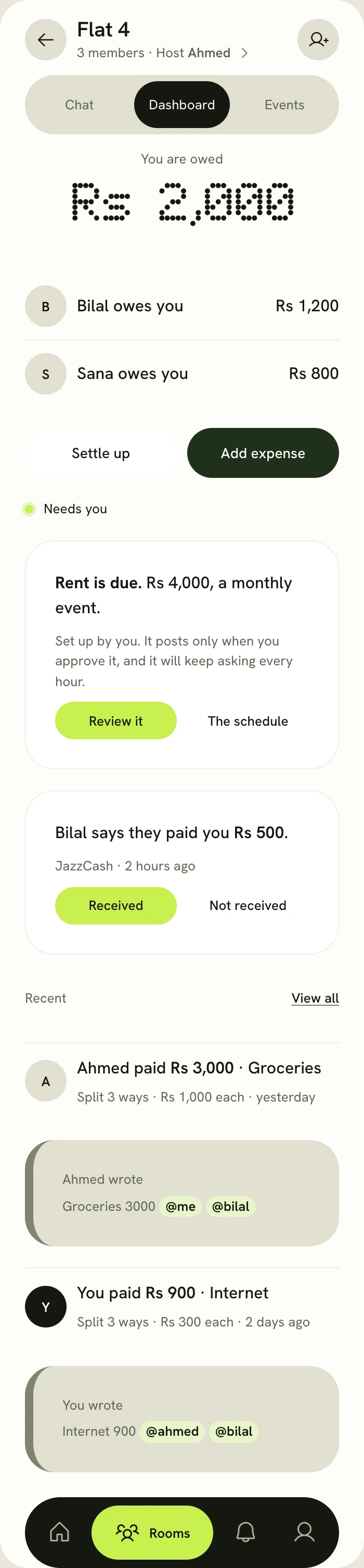 A Room's dashboard: you are owed Rs 2,000. Bilal owes you Rs 1,200 and Sana owes you Rs 800.